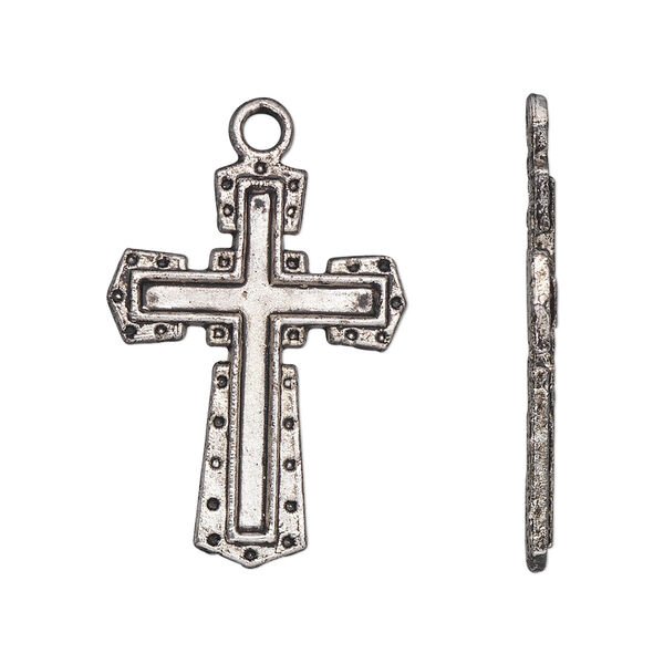 Drop, antique silver-plated "pewter" (zinc-based alloy), 27x20mm single-sided cross. Sold per pkg of 10. image number 0