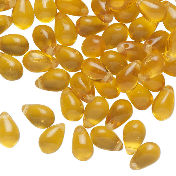 Bead, glass, translucent golden yellow, 9x6mm top-drilled teardrop. Sold per 1-ounce pkg, approximately 85 beads. image number 0