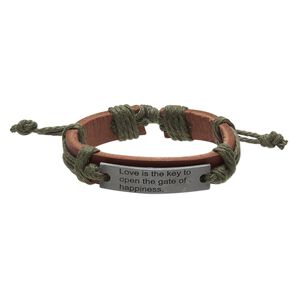 Bracelet, leather (dyed) / waxed cotton cord / antiqued "pewter" (zinc-based alloy), brown and green, 12mm wide with 41x10mm rectangle with "Love is the key to open the gate of happiness," adjustable from 5-1/2 to 8 inches with wrapped knot closure. Sold per pkg of 2.
