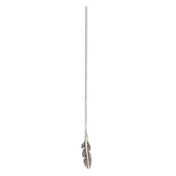 Head pin, antiqued sterling silver, 2-1/4 inches with 11x4mm feather, 20 gauge. Sold per pkg of 4. image number 0