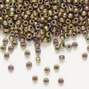 Seed bead, Miyuki, glass, pkg/50g, #8 rocaille, opaque matte metallic iris khaki patina (RR-2069).