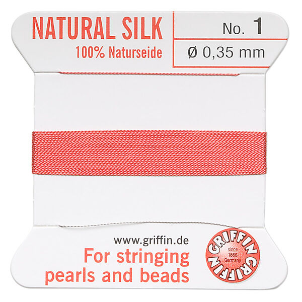 Thread, Griffin, silk, coral, size #1. Sold per 2-meter card (approximately 78 inches). image number 0
