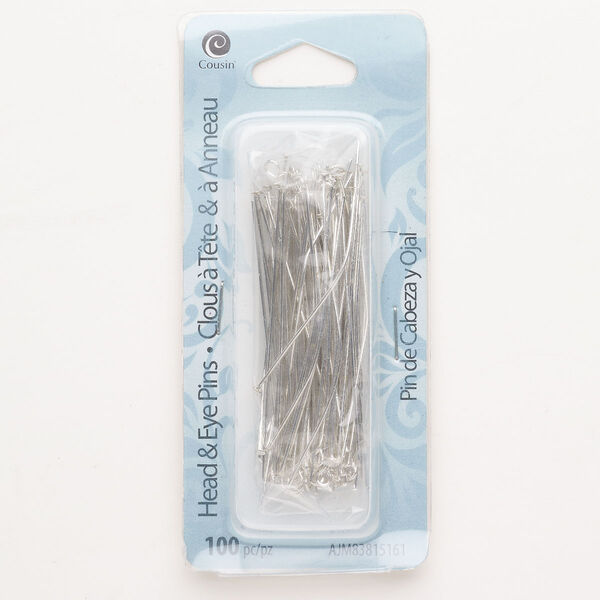 Head pin and eye pin mix, steel, pkg/100, silver finish, 2 inches, 22 gauge. image number 0