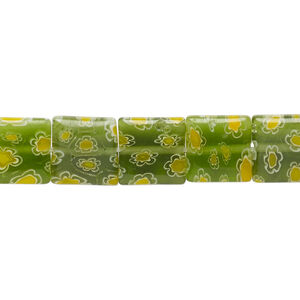 Bead, millefiori glass, translucent green / yellow / white, 9mm-11x10mm puffed square with flower design. Sold per 14-inch strand, approximately 40 beads.