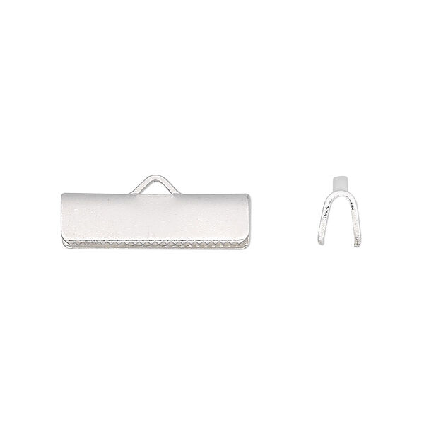 Ribbon crimp end, silver-plated brass, 19x5mm rectangle. Sold per pkg of 10. image number 0
