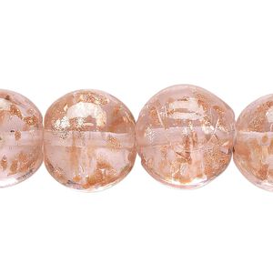 Bead, lampworked glass, pink with copper-colored glitter, 16mm puffed flat round. Sold per 15-1/2" to 16" strand.