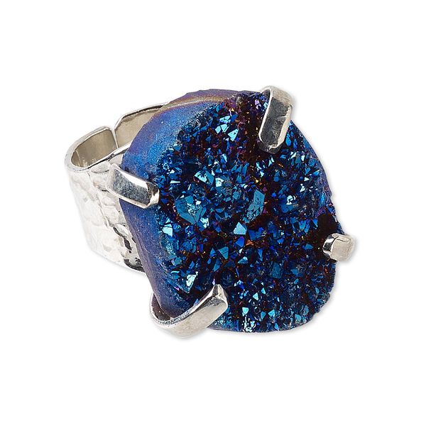 Ring, electroplated druzy agate (coated) and imitation rhodium-plated brass, blue, hammered band with 24x18mm-27x21mm hand-cut freeform, adjustable. Sold individually. image number 0