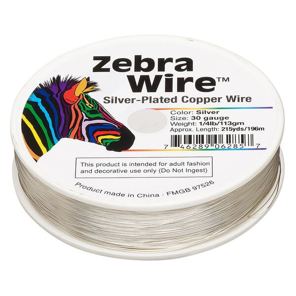 Wire, Zebra Wire™, silver-plated copper, round, 30 gauge. Sold per 1/4-pound spool, approximately 215 yards. image number 0
