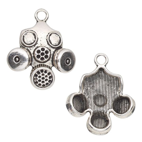 Charm, antique silver-finished "pewter" (zinc-based alloy), 28mm single-sided gas mask. Sold per pkg of 2. image number 0