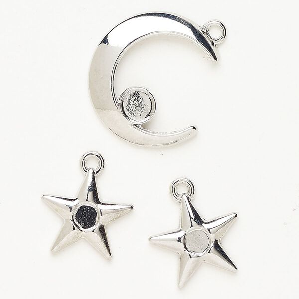 Charm assortment "pewter" (zinc-based alloy) 1pkg3 22x20mm moon / 15x14mm star, antique silver finish image number 0