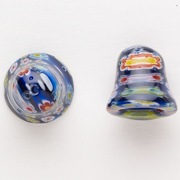 Cord end 1pkg2 millefiori glass, translucent multicolored, 17-18mm bell. image number 0