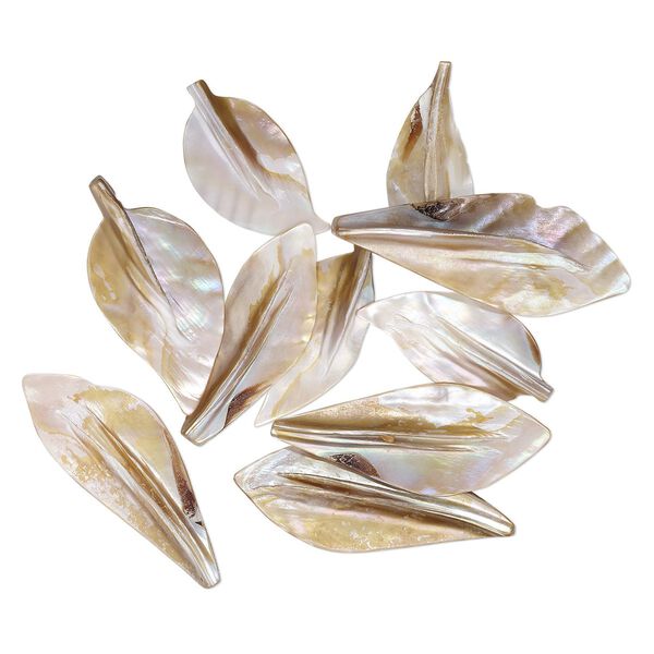 Focal, mother-of-pearl shell (natural / bleached), 58x20mm-78x32mm leaf, Mohs hardness 3-1/2. Sold per pkg of 10. image number 0