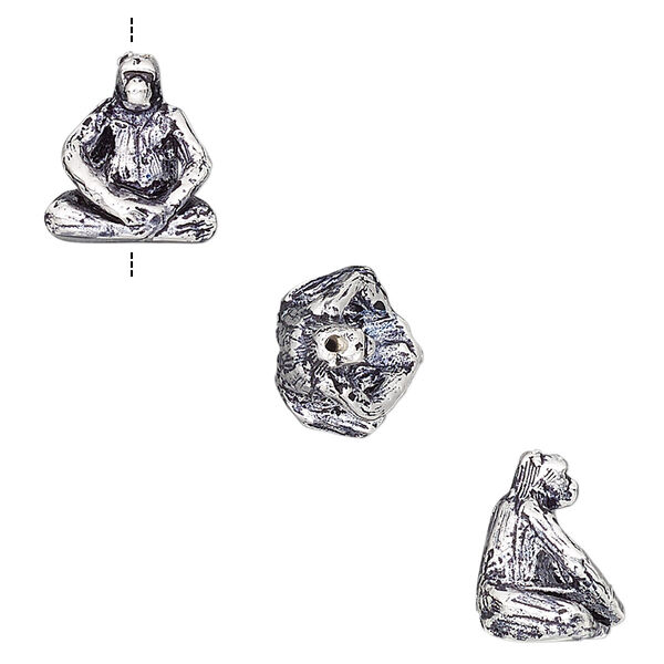 Bead, antique silver-plated brass, 12.5x11mm vertically-drilled 3D gorilla. Sold individually. image number 0