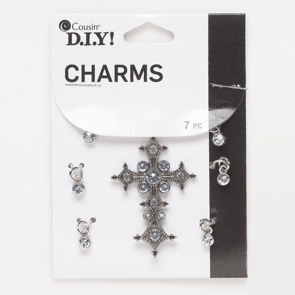 Focal and drop, silver-finished "pewter" (zinc-based alloy) and glass, clear, 43 x 30.5mm fancy cross and (6) 4.5mm round. Sold per pkg of 7. image number 0