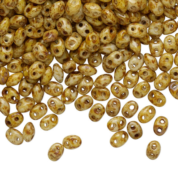 Bead, Preciosa Twin™, Pressed Twin, Czech pressed glass, opaque cream travertine, 5x2.5mm oval with 2 holes. Sold per 10-gram pkg. image number 0