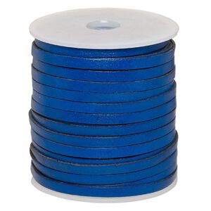 Cord, leather, blue, 4mm flat. Sold per 25-yard spool.