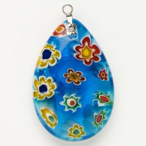 Focal 1pkg1 silver-finished steel and millefiori glass, translucent and transparent aqua blue and multicolored, 44x30mm-46x32mm puffed teardrop.