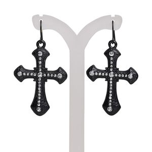 Earring, glass rhinestone with black-finished steel and "pewter" (zinc-based alloy), clear, 2 inches with matte cross and fishhook ear wire. Sold per pair.