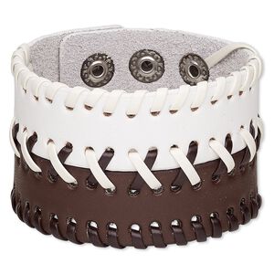 Bracelet, leather (dyed) and silver-plated steel, brown and white, 46mm wide with laced design, adjustable from 5 to 6-1/2 inches with double snap closure. Sold individually.