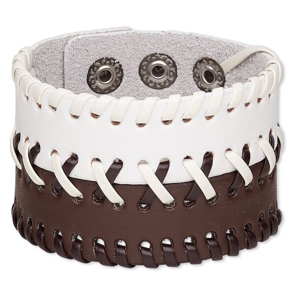 Bracelet, leather (dyed) and silver-plated steel, brown and white, 46mm wide with laced design, adjustable from 5 to 6-1/2 inches with double snap closure. Sold individually. image number 0