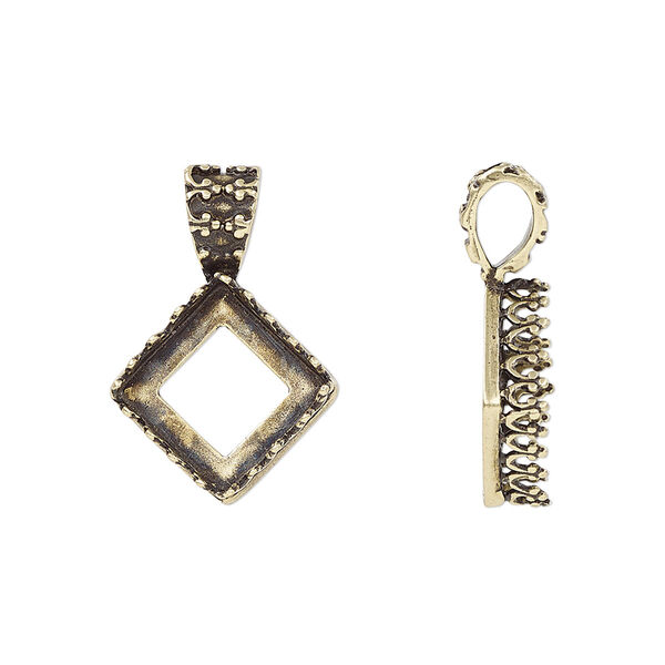 Pendant, JBB Findings, antiqued brass, 23x15.5mm square with open back and decorative trim with 10mm square bezel setting. Sold individually. image number 0