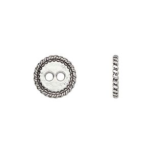 Button, antique silver-plated "pewter" (zinc-based alloy), 12.5mm double-sided flat round with rope edge. Sold per pkg of 50.