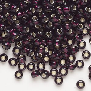 Seed bead, Miyuki, glass, pkg/250g, #6 rocaille, transparent silver-lined extra dark smoky amethyst (RR-2428).