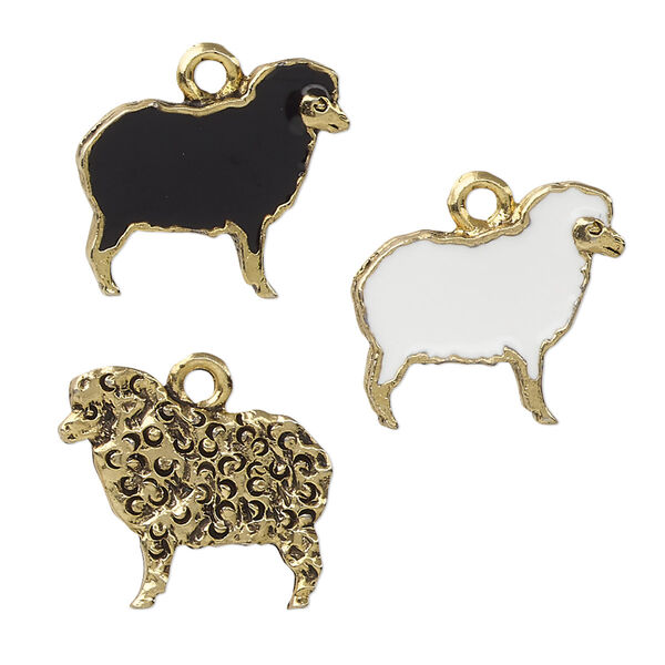Charm, enamel and antique gold-plated pewter (tin-based alloy), white and black, 18x16mm two-sided sheep. Sold per 2-piece set. image number 0
