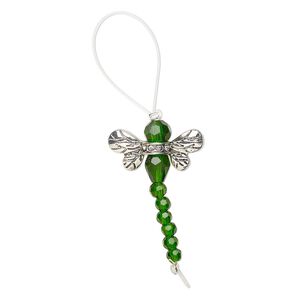 Bead, glass / glass rhinestone / antique silver-finished "pewter" (zinc-based alloy), transparent clear and green, 32x22mm dragonfly. Sold per pkg of 2.