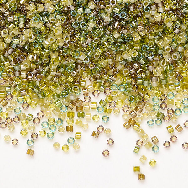 Seed bead mix, Miyuki Delica®, glass, pkg/50g, #11 round, translucent inside dyed color luster beige/chartreuse mix. image number 0