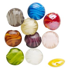 Bead, lampworked glass, opaque multicolored, 19-21mm puffed flat round with swirl design. Sold per pkg of 10.