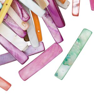 Bead mix, spacer, 2-strand, mother-of-pearl shell (bleached/dyed), mixed colors, 41x5-60x10mm stick, fits up to 21mm beads, Mohs hardness 3-1/2. Sold per 4-ounce pkg, approximately 40 beads.