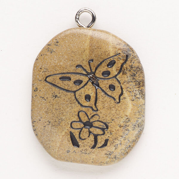 Focal, steel/picture jasper (natural)/enamel, pkg/1, silver finish and black, 30x24mm-39x27mm single-sided puffed freeform with butterfly and flower, B grade. image number 0