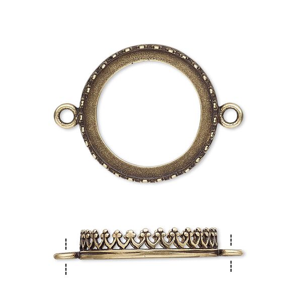 Link, JBB Findings, antiqued brass, 20.5mm round with open back and decorative trim, 18mm round bezel setting. Sold per pkg of 2. image number 0