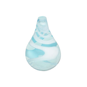 Drop, lampworked glass 1pkg1, opaque and transparent aqua and white, 27x21mm-28x18mm teardrop with swirl design.