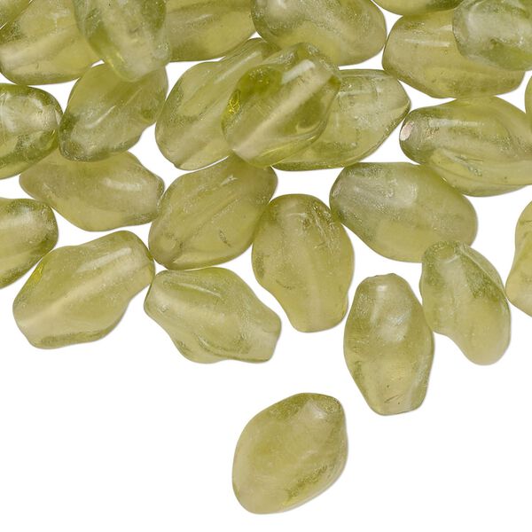 Bead, lampworked glass, translucent yellow-green, 12x8mm-13x9mm twisted double cone. Sold per 2-ounce pkg, approximately 75 beads. image number 0