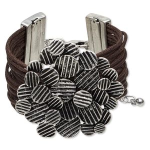 Bracelet, multi-strand, waxed cotton cord with antique silver-finished steel and "pewter" (zinc-based alloy), brown, 40mm wide with 52mm textured round design, 6-1/2 inches with 1-inch extender chain and lobster claw clasp. Sold individually.