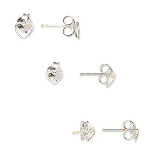 Earstud, sterling silver, 4mm beaded open heart / 5x4.5mm / 5.5x4.5mm open heart with post. Sold per pkg of 3 pairs.