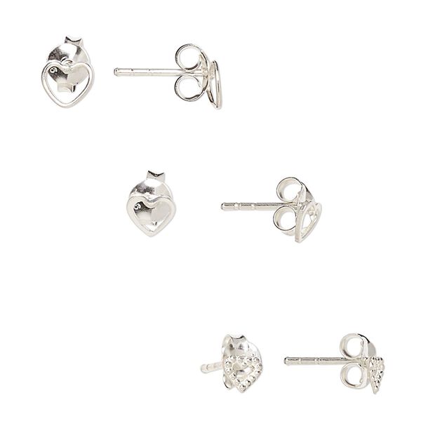 Earstud, sterling silver, 4mm beaded open heart / 5x4.5mm / 5.5x4.5mm open heart with post. Sold per pkg of 3 pairs. image number 0