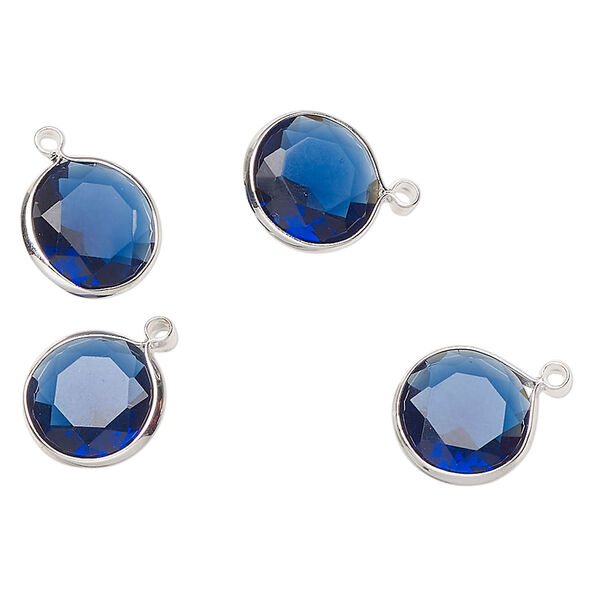 Drop, silver-finished brass, translucent sapphire blue, 10mm faceted round with open back. Sold per pkg of 4. image number 0
