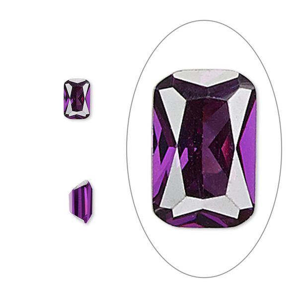 Gem, cubic zirconia, amethyst purple, 6x4mm faceted emerald-cut, Mohs hardness 8-1/2. Sold per pkg of 2. image number 0
