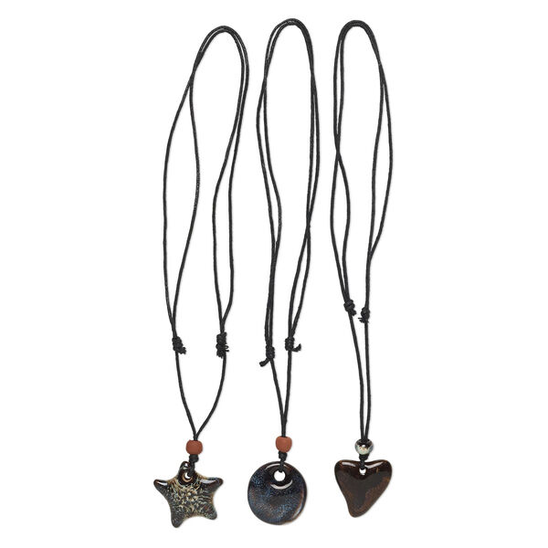 Necklace, waxed cotton cord and porcelain, multicolored, 35mm round / 38x34mm curved heart / 40x37mm star, adjustable 16 to 32 inches with slip knot closure. Sold per pkg of 3. image number 0