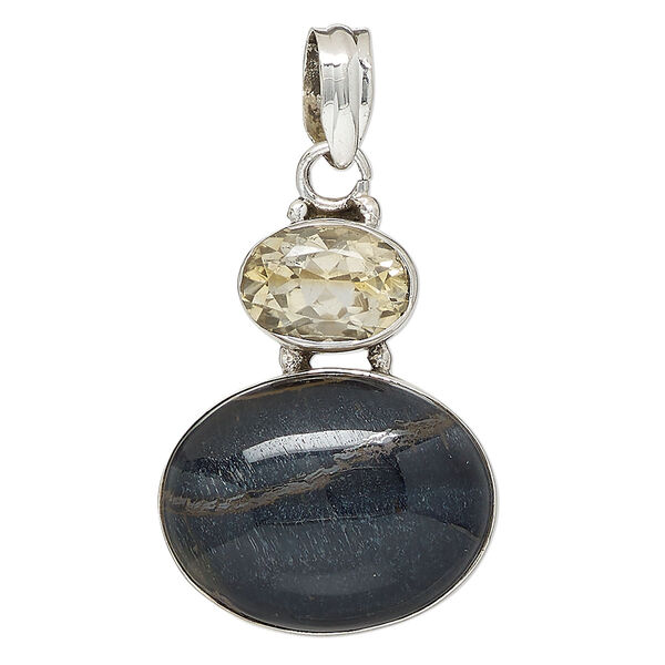 Pendant, tiger iron (natural) / citrine (heated) / sterling silver, 35x27mm oval. Sold individually. image number 0