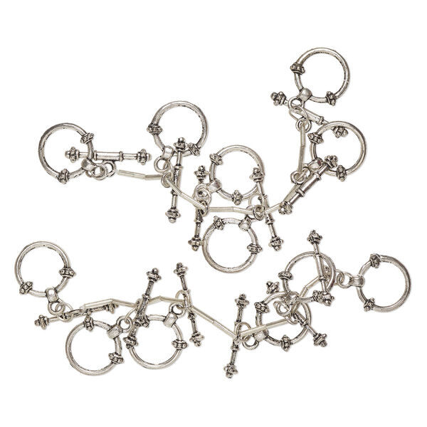Clasp, toggle, "pewter" (zinc-based alloy) and steel, pkg/12, 18mm round, antique silver finish. image number 0