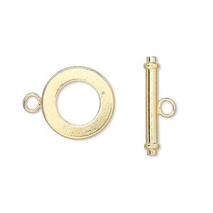 Clasp toggle 1pkg100, 15mm round, gold-finished brass 1-strand