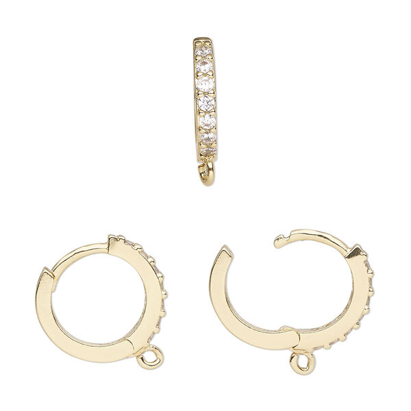 Hoop, gold-finished brass and cubic zirconia, clear, 15mm hoop, 17 gauge. Sold per pair. image number 0