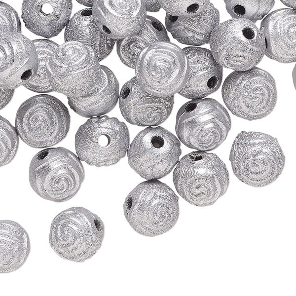 Bead, acrylic, opaque silver, 8mm round rose. Sold per pkg of 100. image number 0