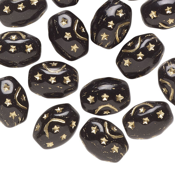 Bead, Preciosa, Czech pressed glass, opaque black, 12x9mm barrel with gold painted moon and stars. Sold per pkg of 16. image number 0