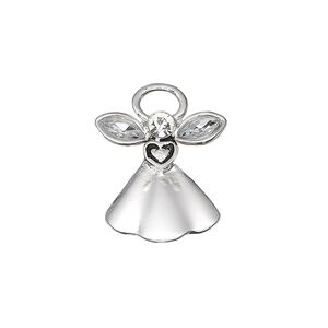 Charm, antique silver-plated "pewter" (zinc-based alloy) and crystal, clear, 18x17mm single-sided angel with crystal wings and face. Sold per pkg of 2.