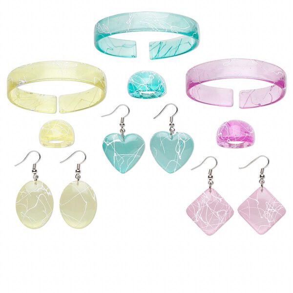 Earring / bracelet / ring mix, acrylic and silver-finished steel, light blue / yellow / light purple, 45-52mm earrings / 12mm wide bracelet with 7-1/2 inch wearable size / size 7-10 ring with drizzled paint design. Sold per pkg of (3) 3-piece sets. image number 0